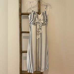 Midi Dress Women XS White Stripe Adjustable Spaghetti Strap Tie Front